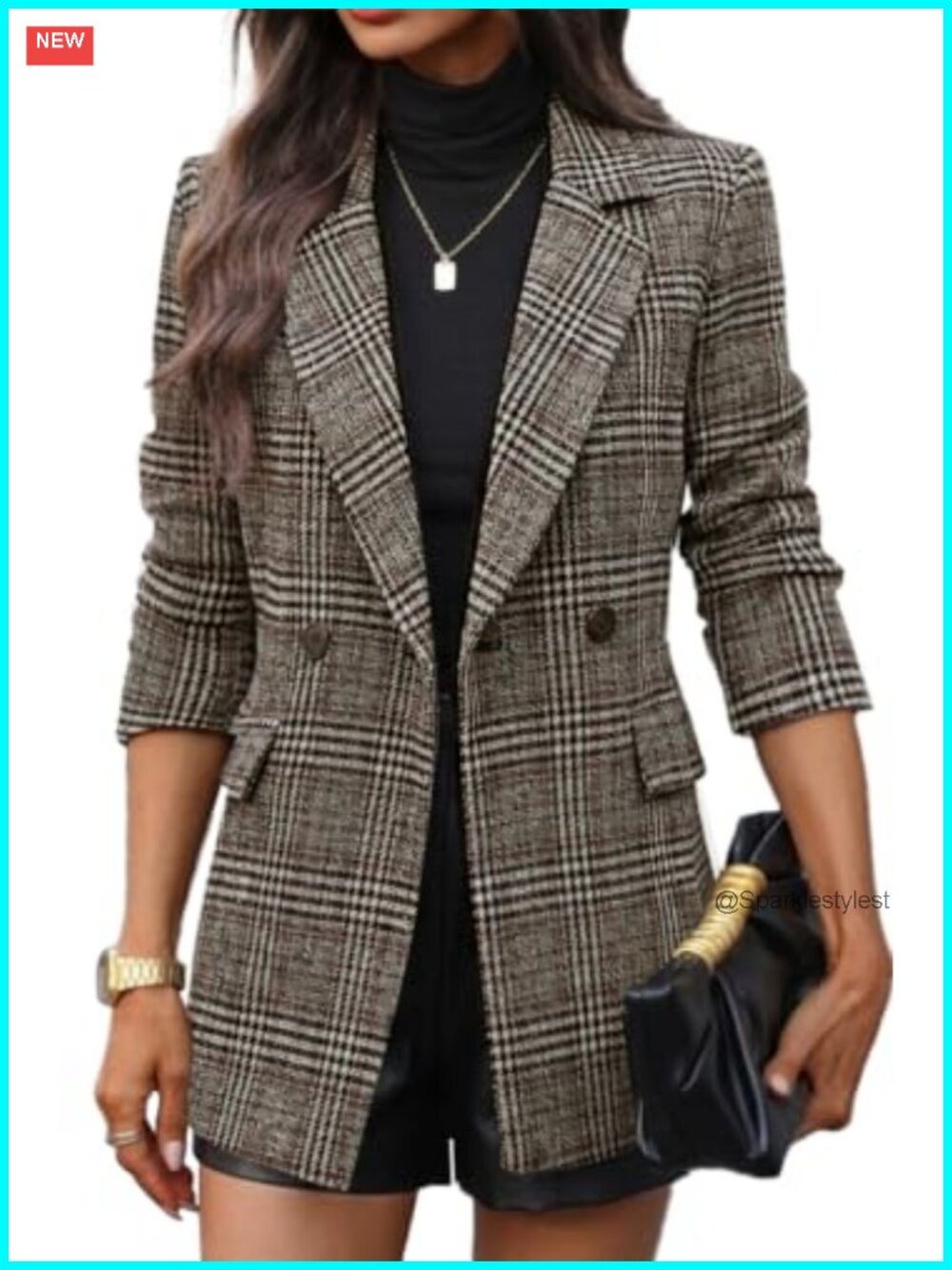Double-Breasted Tweed Blazer Houndstooth Plaid Long Slim-Fit